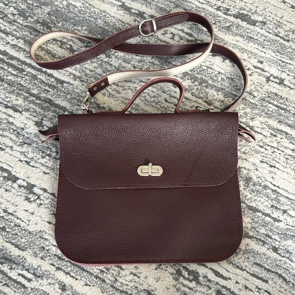 Italian Leather hand sewn Bordeaux burgundy bag crossbody attache top handle - Picture 2 of 16